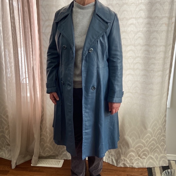 Vintage leather dress coat double breasted with belt steel blue size 12-14 - Picture 10 of 13